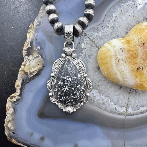 Sterling Southwestern Style Teardrop Petrified Wood Decorated Pendant For Women - Picture 2 of 10